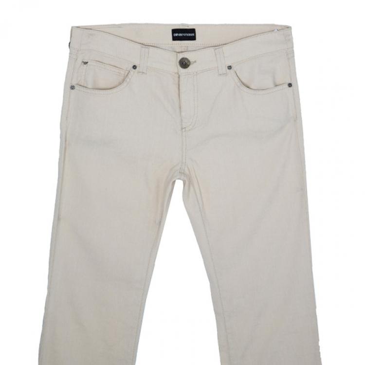 Pre Owned Emporio Armani Off-White Linen Trousers M