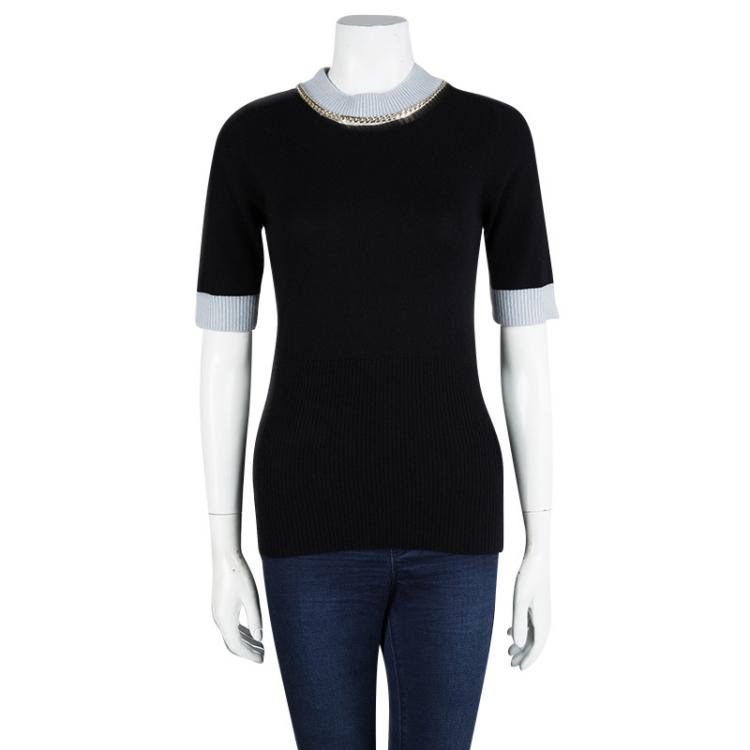 Pre Owned Emporio Armani Black Wool Contrast Ribbed Trim Neck Embellished Sweater M