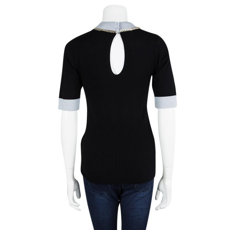 Pre Owned Emporio Armani Black Wool Contrast Ribbed Trim Neck Embellished Sweater M