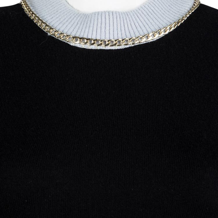 Pre Owned Emporio Armani Black Wool Contrast Ribbed Trim Neck Embellished Sweater M