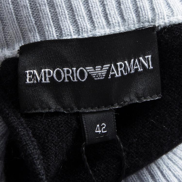 Pre Owned Emporio Armani Black Wool Contrast Ribbed Trim Neck Embellished Sweater M