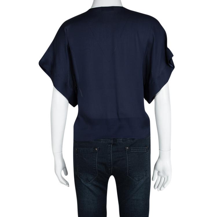 Pre Owned Emporio Armani Navy Blue Silk Contrast Buckle Detail Sheer Top S