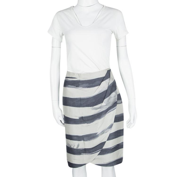 Pre Owned Emporio Armani Grey and Blue Striped Draped Silk Skirt L