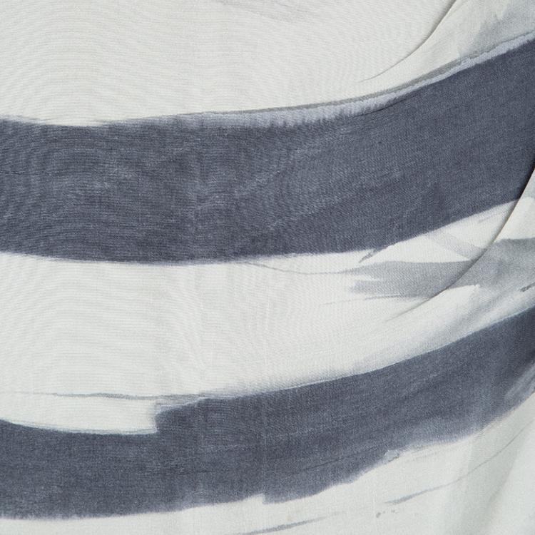 Pre Owned Emporio Armani Grey and Blue Striped Draped Silk Skirt L