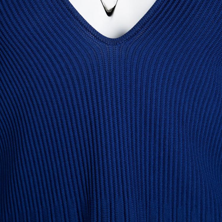Pre Owned Emporio Armani Blue Ribbed Knit Flared Bottom Long Sleeve Top L