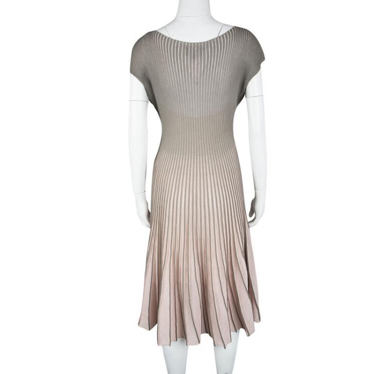 Pre Owned Emporio Armani Grey and Pink Striped Pleated Boat Neck Dress M