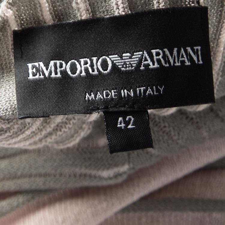 Pre Owned Emporio Armani Grey and Pink Striped Pleated Boat Neck Dress M