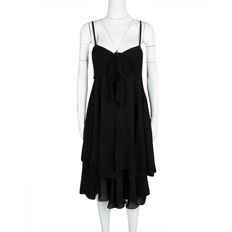 Pre Owned Emporio Armani Vintage Black Layered Ruched Bodice Sleeveless Dress M