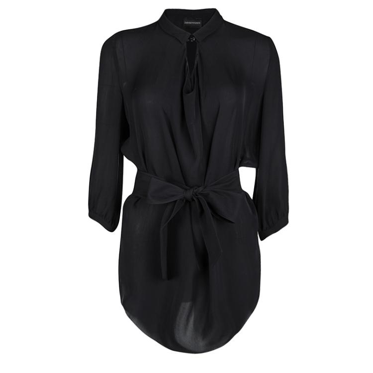 Pre Owned Emporio Armani Black Silk Belted Long Sleeve Tunic S