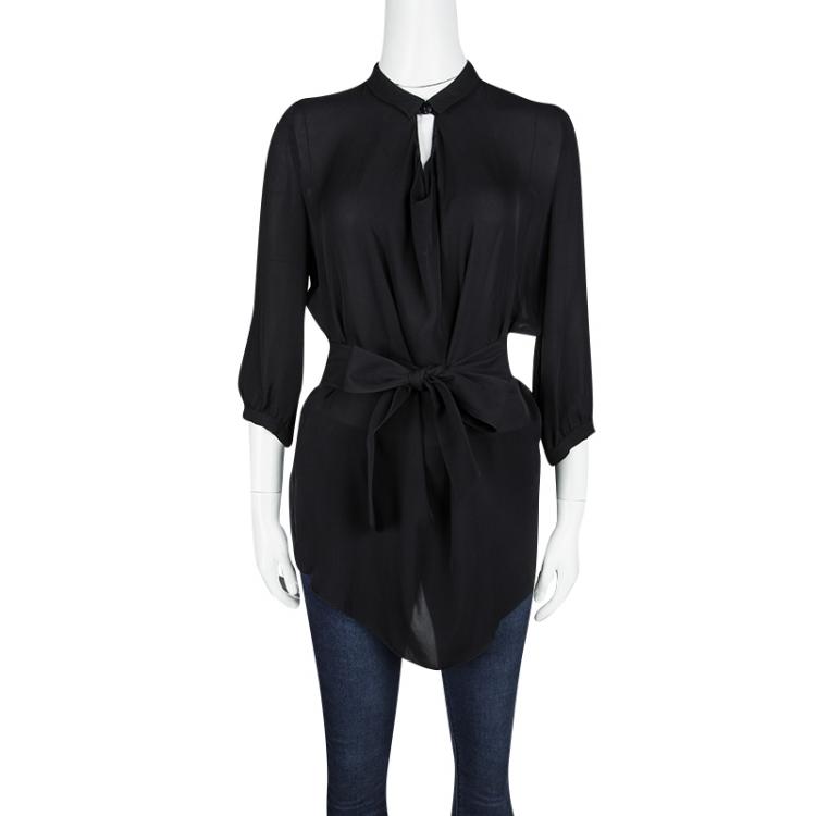 Pre Owned Emporio Armani Black Silk Belted Long Sleeve Tunic S