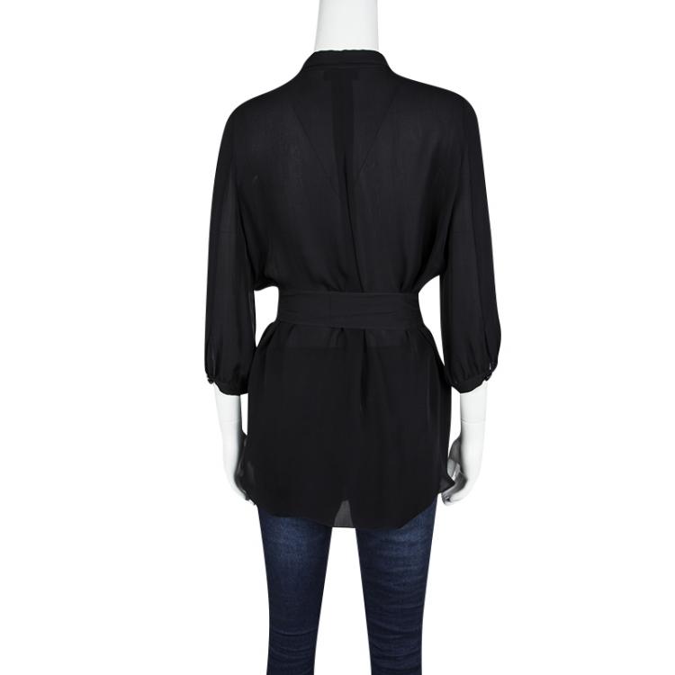 Pre Owned Emporio Armani Black Silk Belted Long Sleeve Tunic S