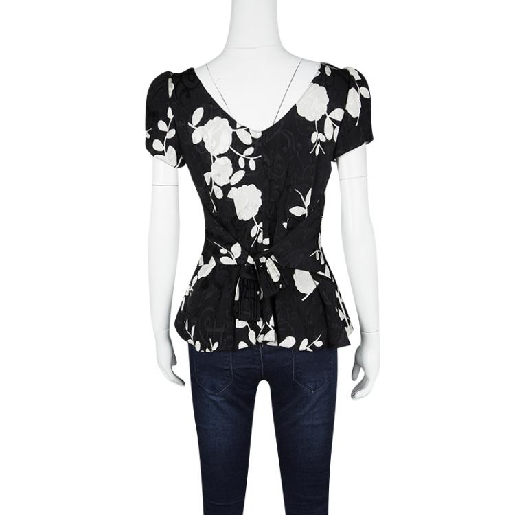 Pre Owned Emporio Armani Monochrome Floral Print Back Tie Detail Blouse M
