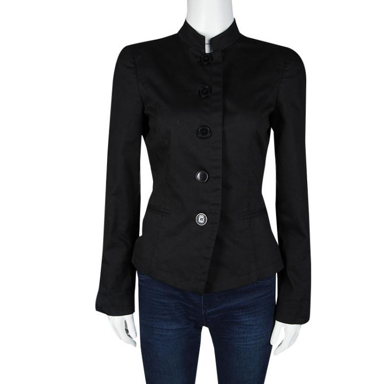 Pre Owned Emporio Armani Black Cotton Mandarin Collar Blazer M