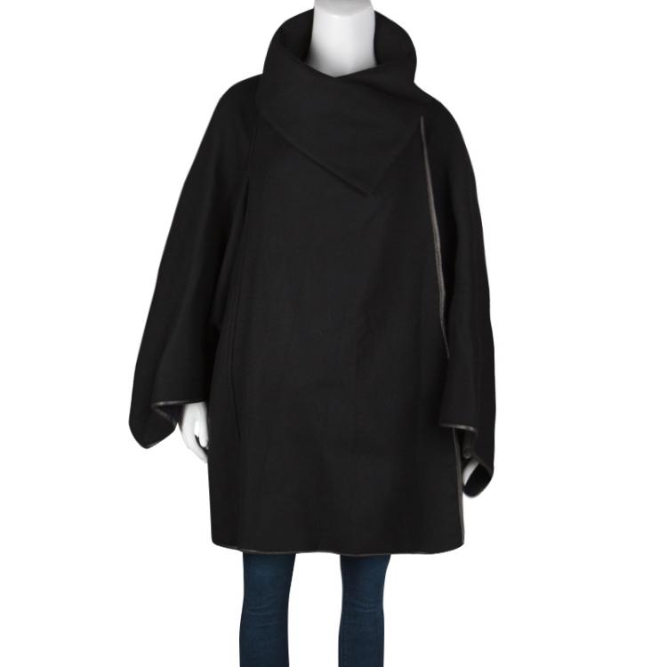 Pre Owned Emporio Armani Black Wool Blend Leather Trim Cape Style Overcoat M