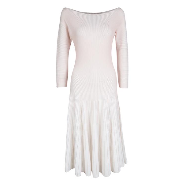 Emporio Armani White and Pink Striped Rib Knit Boat Neck Long Sleeve Dress  L Emporio Armani | TLC