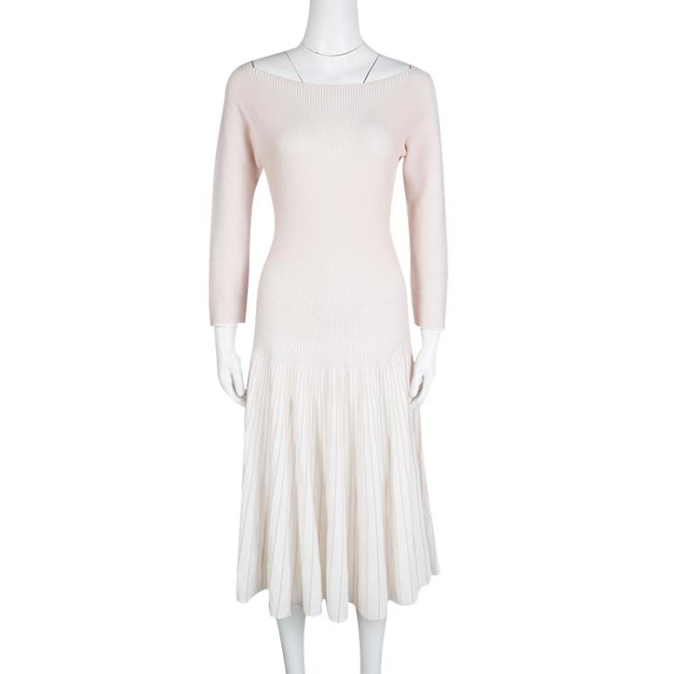 مملوكة مسبقًا Emporio Armani White and Pink Striped Rib Knit Boat Neck Long Sleeve Dress L