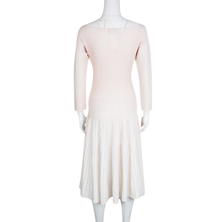 مملوكة مسبقًا Emporio Armani White and Pink Striped Rib Knit Boat Neck Long Sleeve Dress L
