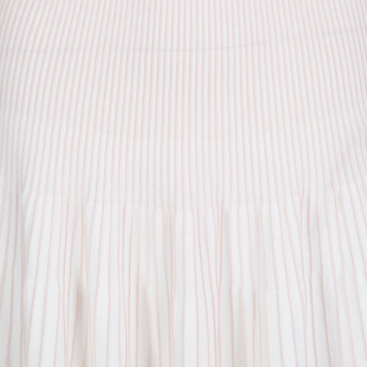 مملوكة مسبقًا Emporio Armani White and Pink Striped Rib Knit Boat Neck Long Sleeve Dress L