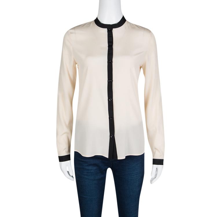 Pre Owned Emporio Armani Beige Contrast Trim Detail Long Sleeve Silk Blouse S