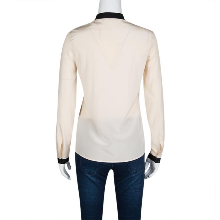 Pre Owned Emporio Armani Beige Contrast Trim Detail Long Sleeve Silk Blouse S