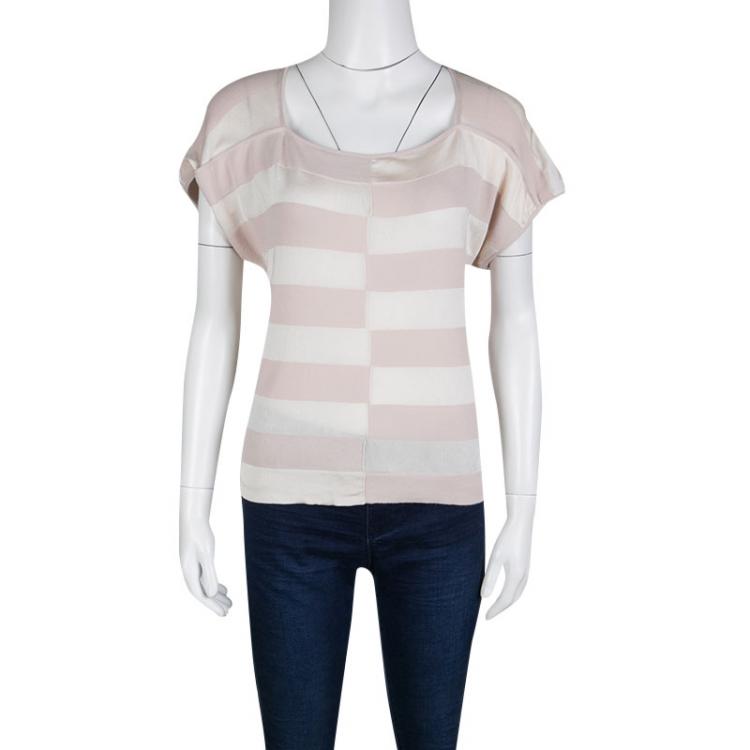 Pre Owned Emporio Armani Blush Pink and Cream Broken Block Striped Knit Top S