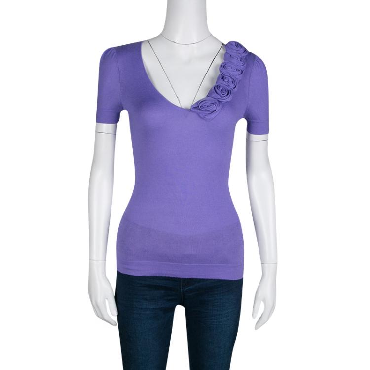 Pre Owned Emporio Armani Lavender Knit Rose Applique Detail Short Sleeve Fitted Top S
