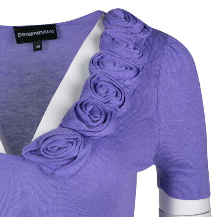 Pre Owned Emporio Armani Lavender Knit Rose Applique Detail Short Sleeve Fitted Top S