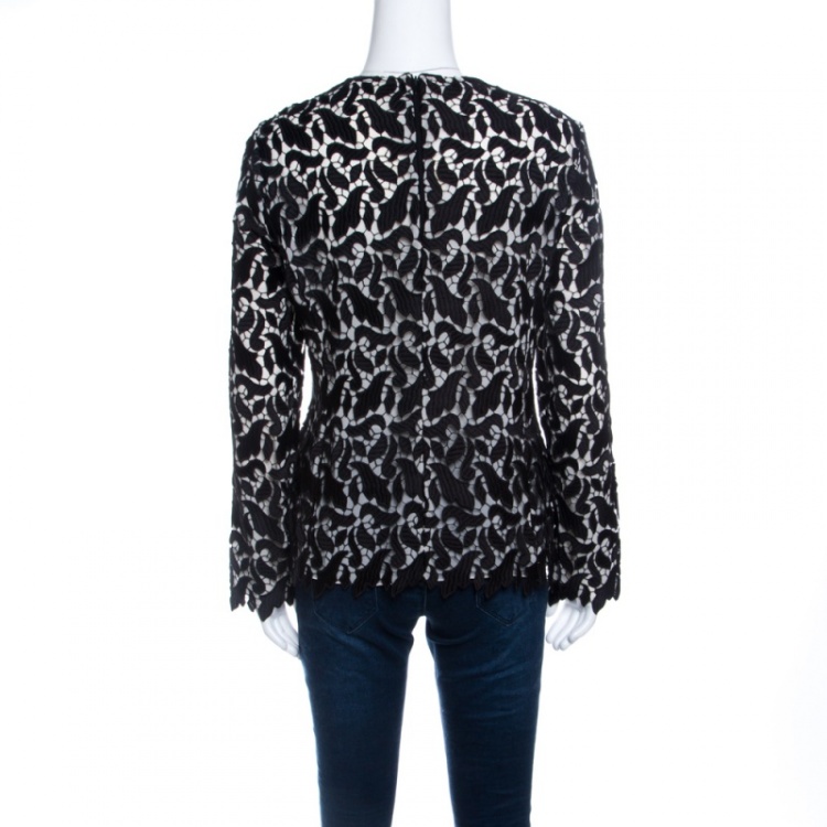 Pre Owned Emporio Armani Black Guipure Lace Long Sleeve Blouse M