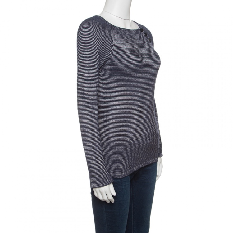 Pre Owned Emporio Armani Navy Blue and White Striped Knit Sweater S