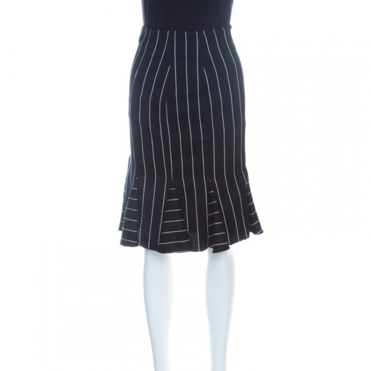 Pre Owned Emporio Armani Striped Monochrome Wool Godet Skirt M