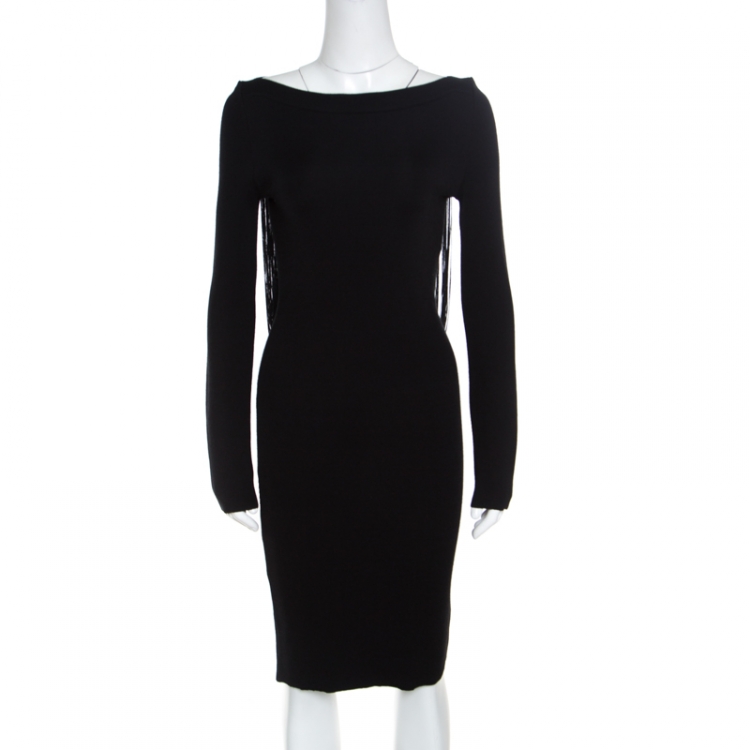 Pre Owned Emporio Armani Black Knit Fringed Cut Out Back Detail Bodycon Dress M