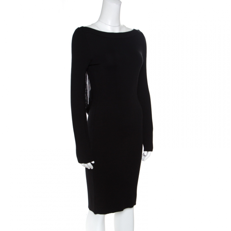 Pre Owned Emporio Armani Black Knit Fringed Cut Out Back Detail Bodycon Dress M
