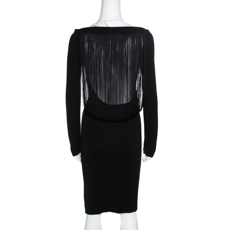 Pre Owned Emporio Armani Black Knit Fringed Cut Out Back Detail Bodycon Dress M