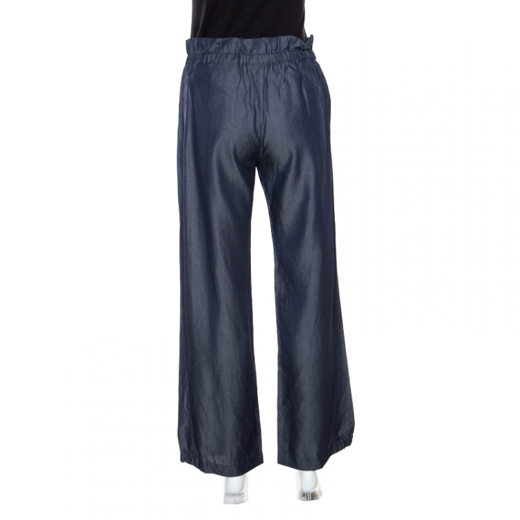 Pre Owned Emporio Armani Navy Blue Chambray Wide Leg Paperbag Pants S