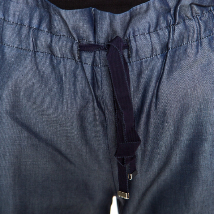 Pre Owned Emporio Armani Navy Blue Chambray Wide Leg Paperbag Pants S