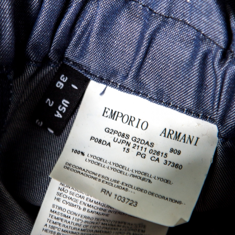 Pre Owned Emporio Armani Navy Blue Chambray Wide Leg Paperbag Pants S