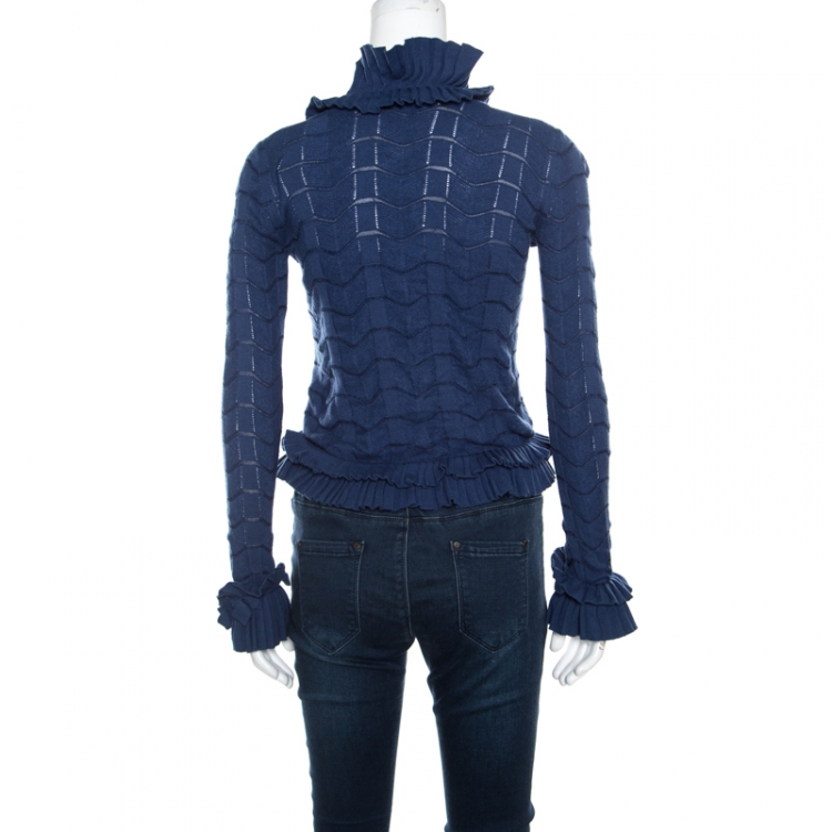 Pre Owned Emporio Armani Blue Patterned Knit Ruffled Long Sleeve Shrug S