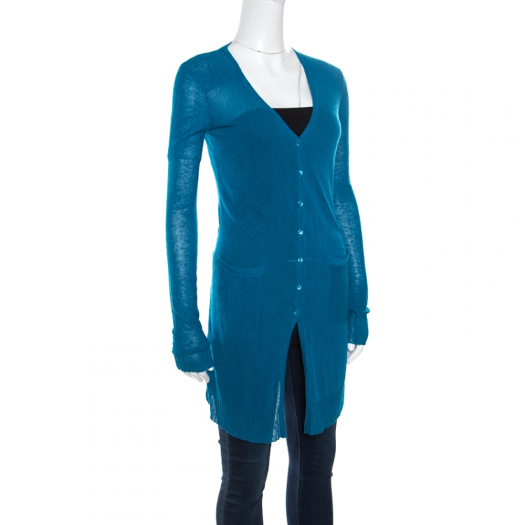 Pre Owned Emporio Armani Teal Blue Knit Long Cardigan S