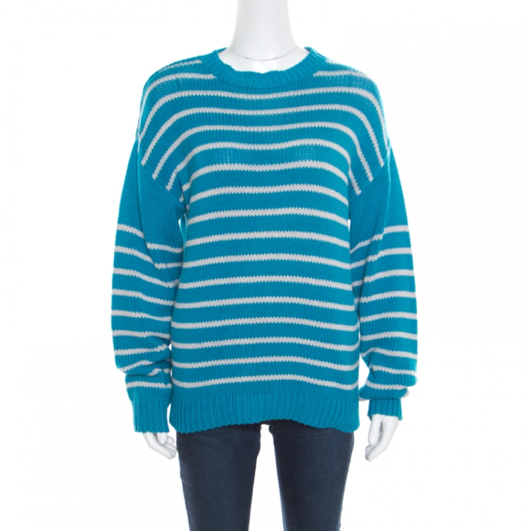 Emporio Armani Blue and White Striped Chunky Knit Sweater L Emporio Armani  | TLC