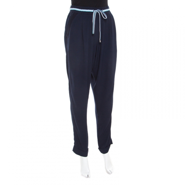 Pre Owned Emporio Armani Navy Blue Crepe Drawstring Detail Pants M