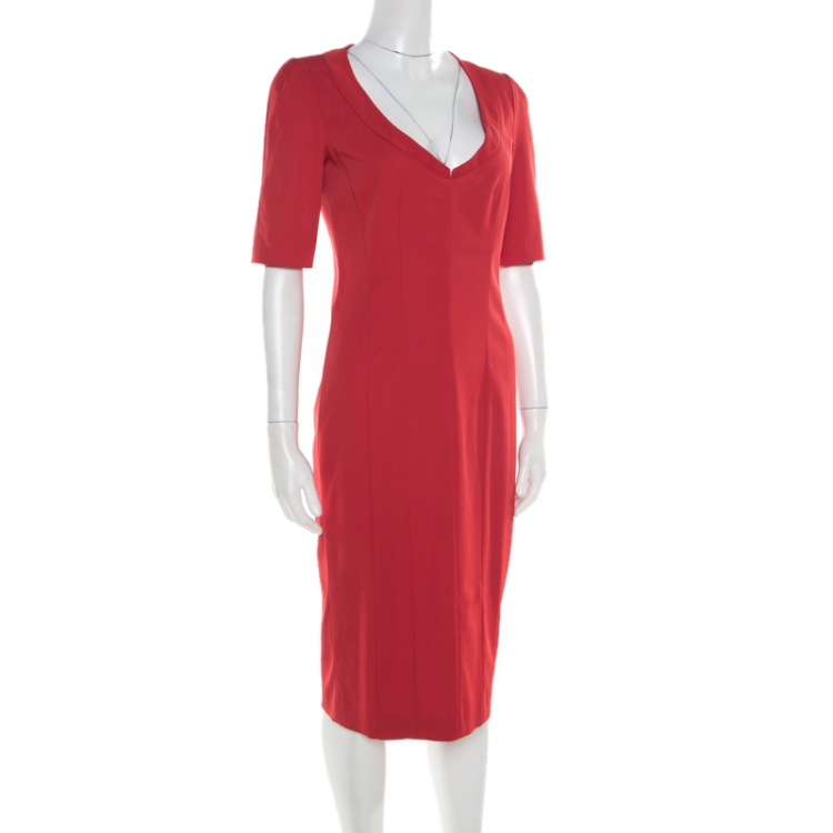 Pre Owned Emporio Armani Red Textured Short Sleeve Pencil Dress M