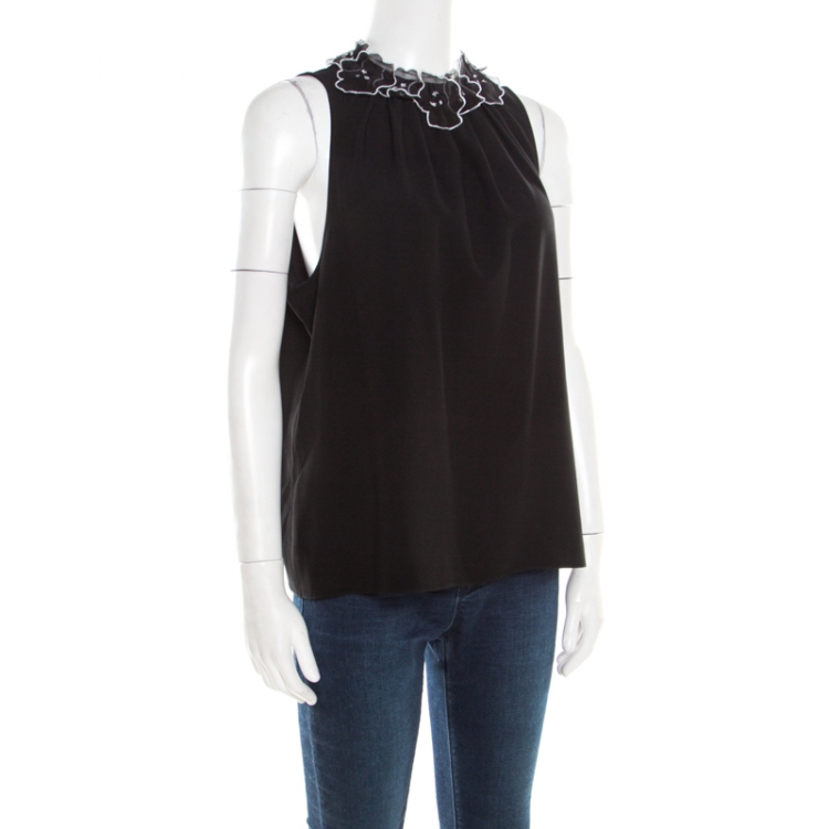 Pre Owned Emporio Armani Black Floral Applique Neck Detail Sleeveless Blouse L