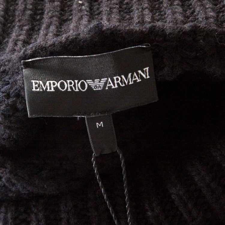Pre Owned Emporio Armani Black Chunky Rib Knit Cotton Wool Turtleneck Cape M