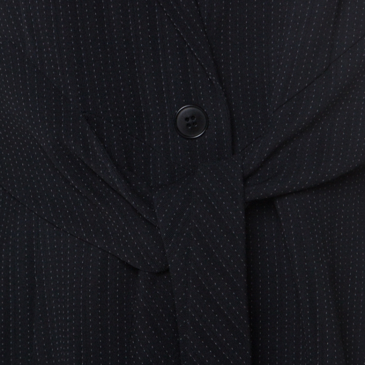 Pre Owned Emporio Armani Black Pinstripe Wool Padded Shoulder Tie Front Detail Tailored Suit M 