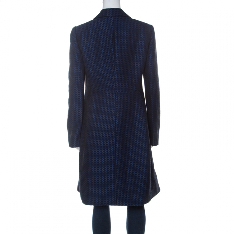 Pre Owned Emporio Armani Blue Wool Jacquard Mid Length A-Line Coat M 