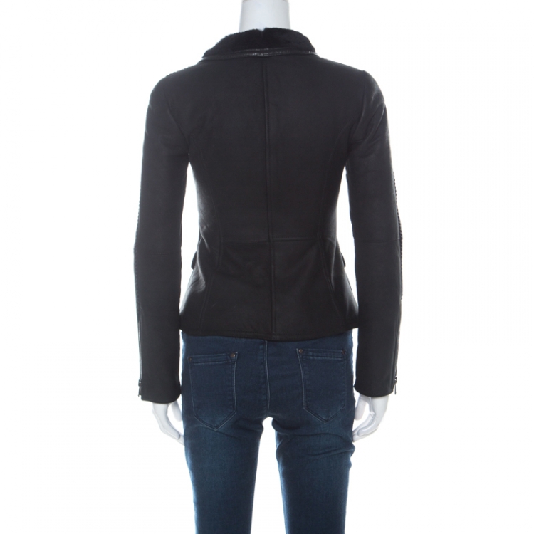 Pre Owned Emporio Armani Black Lamb Skin Shearling Detail Jacket S