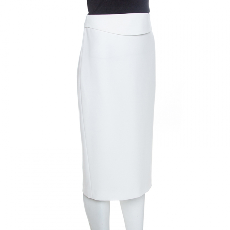 Pre Owned Emporio Armani Off White Silk Waist Band Detail Sheath Skirt M
