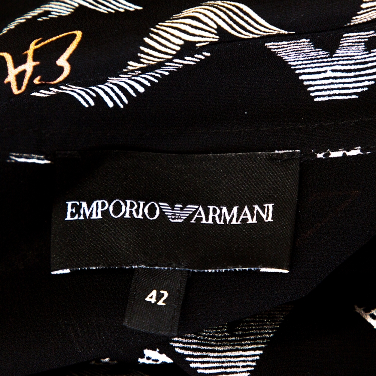 Pre Owned Emporio Armani Black Chiffon Logo Print Sheer Blouse M 