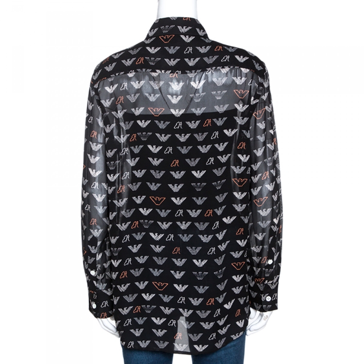 Pre Owned Emporio Armani Black Chiffon Logo Print Sheer Blouse M 