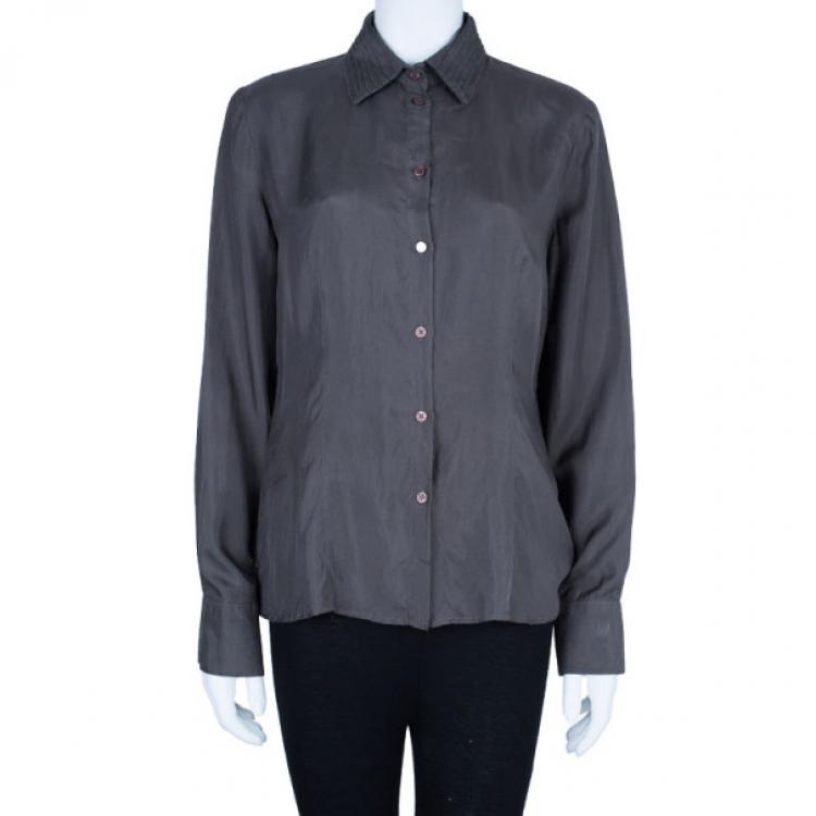 Pre Owned Emporio Armani Grey Silk Collared Shirt M